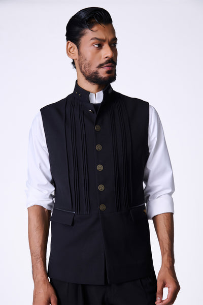 Shantanu & Nikhil Menswear Black Waistcoat with Metallic Buttons indian designer wear online shopping melange singapore
