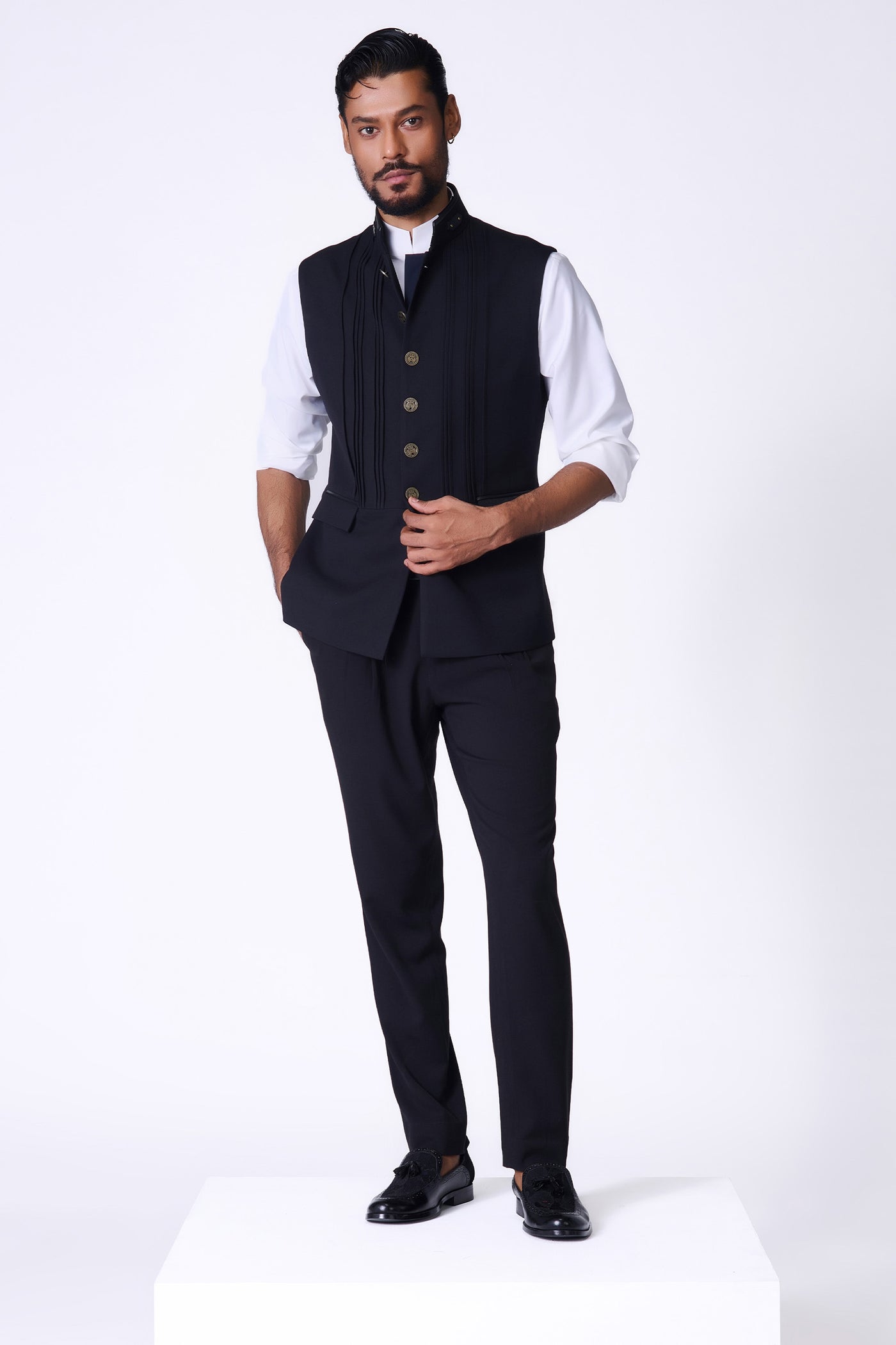 Shantanu & Nikhil Menswear Black Waistcoat with Metallic Buttons indian designer wear online shopping melange singapore
