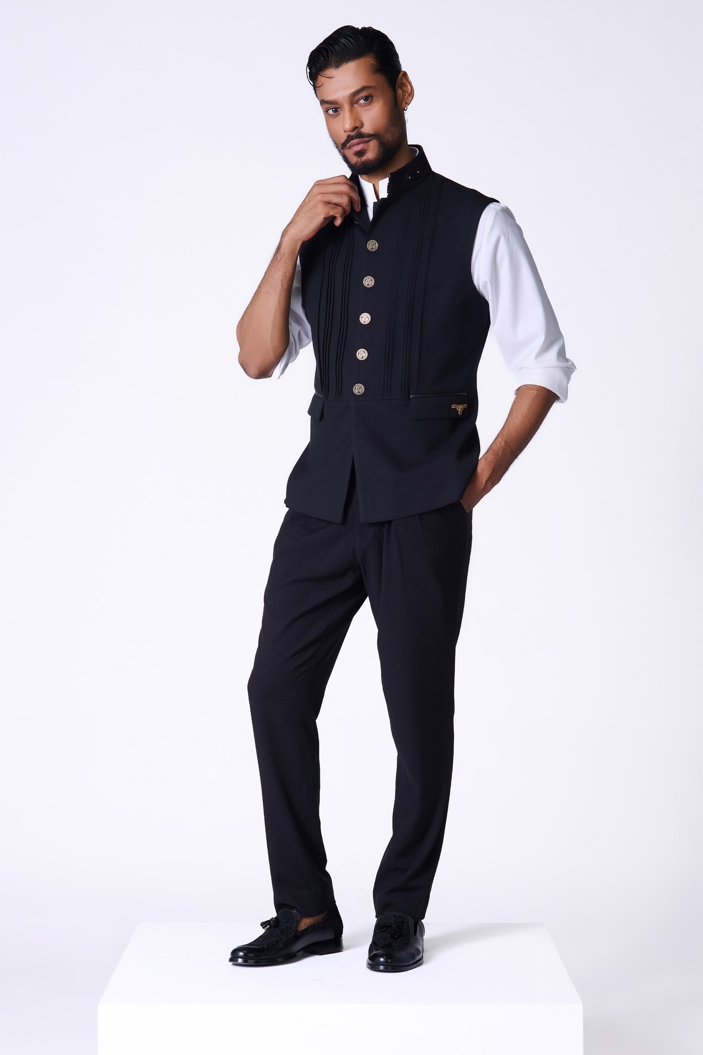 Shantanu & Nikhil Menswear Black Waistcoat with Metallic Buttons indian designer wear online shopping melange singapore
