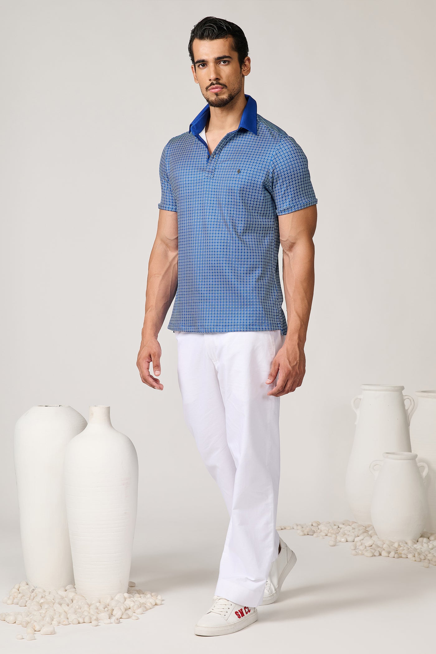 Shantanu & Nikhil Menswear Blue Printed Polo T-shirt indian designer wear online shopping melange singapore