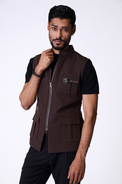 Shantanu & Nikhil Menswear Choco Waistcoat with Zipper indian designer wear online shopping melange singapore
