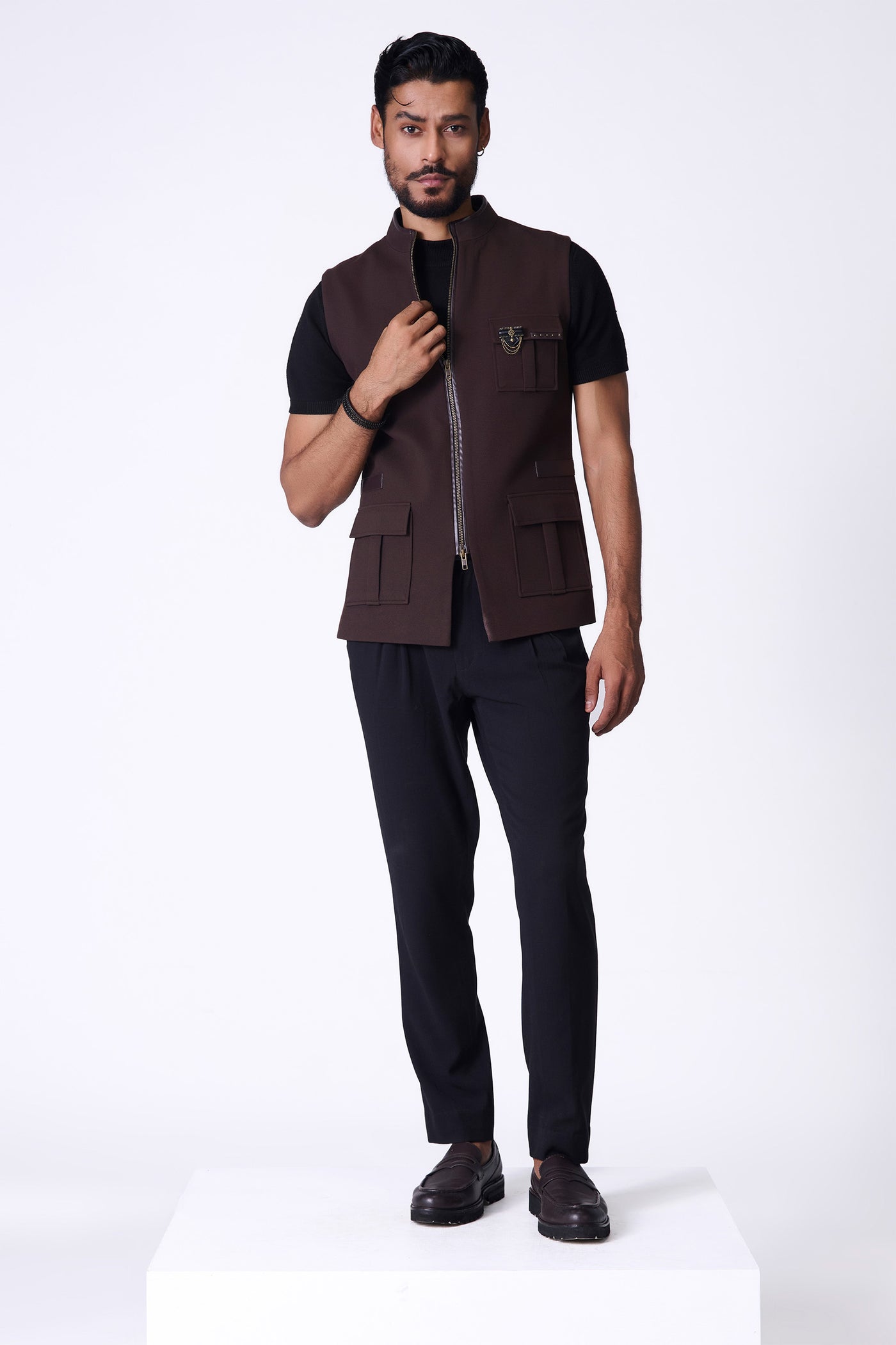 Shantanu & Nikhil Menswear Choco Waistcoat with Zipper indian designer wear online shopping melange singapore
