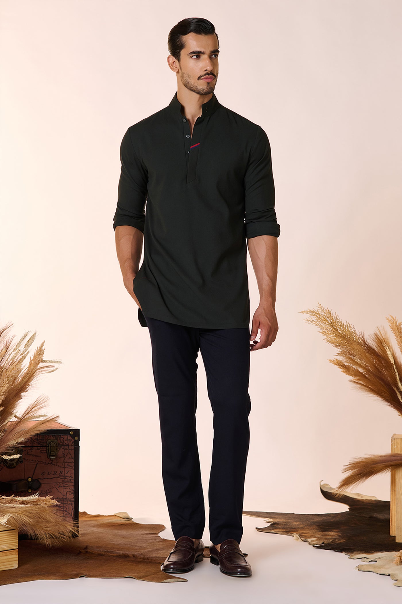 Shantanu And Nikhil Menswear Classic Military Green Kurta indian designer wear online shopping melange singapore