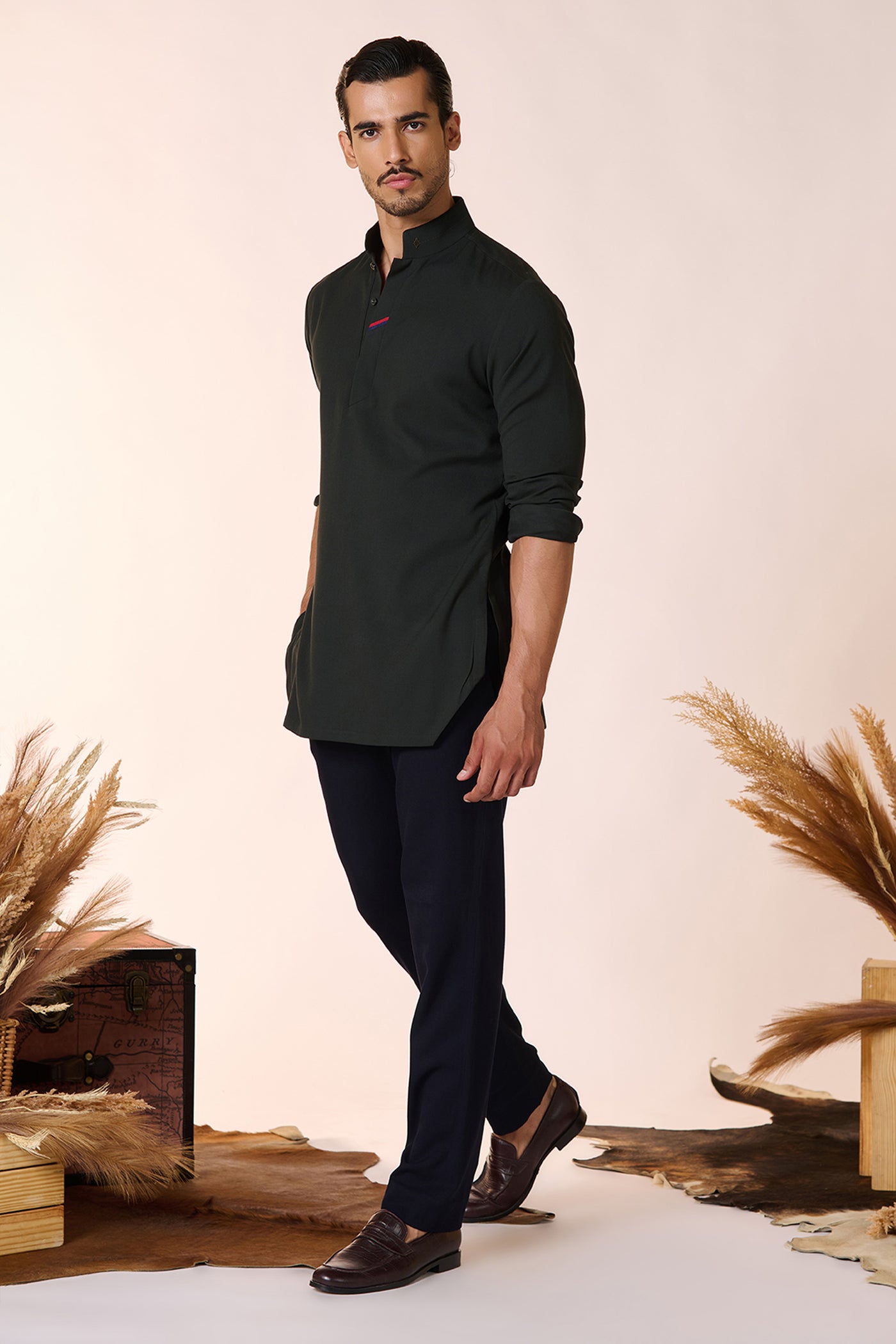 Shantanu And Nikhil Menswear Classic Military Green Kurta indian designer wear online shopping melange singapore