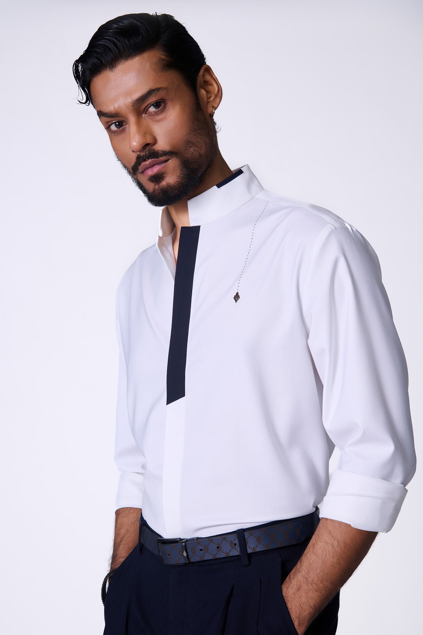 Shantanu & Nikhil Menswear Classic Off-White Shirt with Navy Placket indian designer wear online shopping melange singapore
