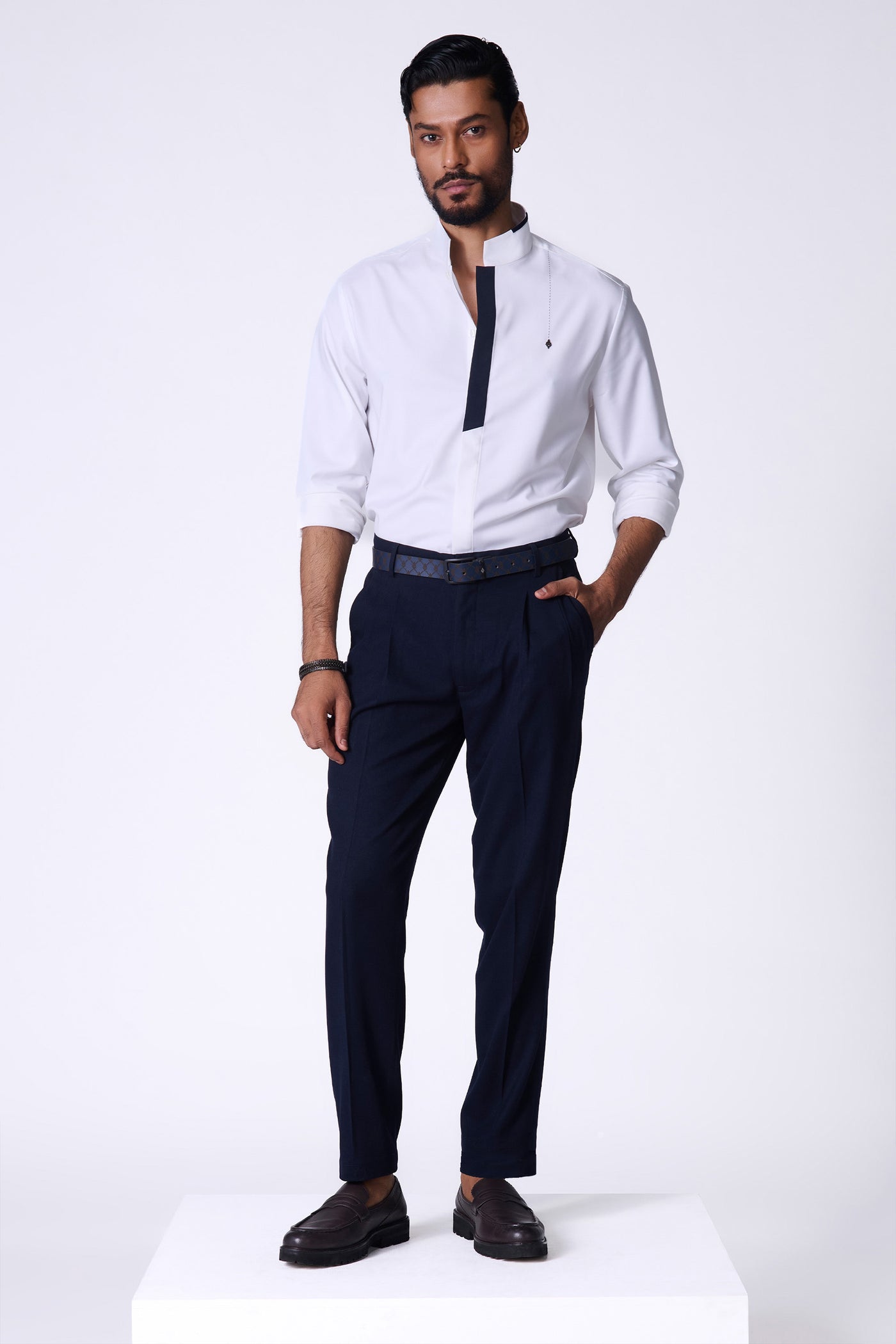 Shantanu & Nikhil Menswear Classic Off-White Shirt with Navy Placket indian designer wear online shopping melange singapore
