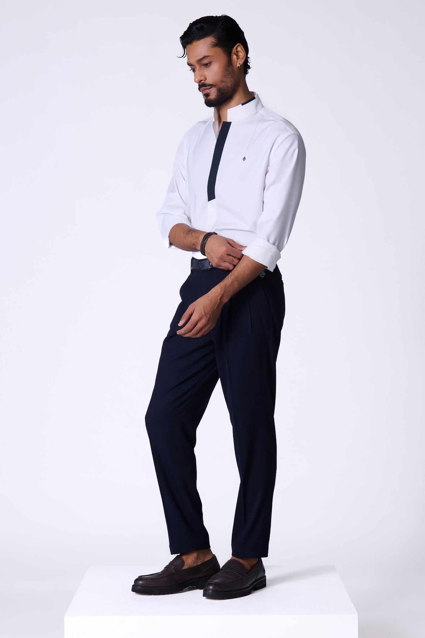 Shantanu & Nikhil Menswear Classic Off-White Shirt with Navy Placket indian designer wear online shopping melange singapore
