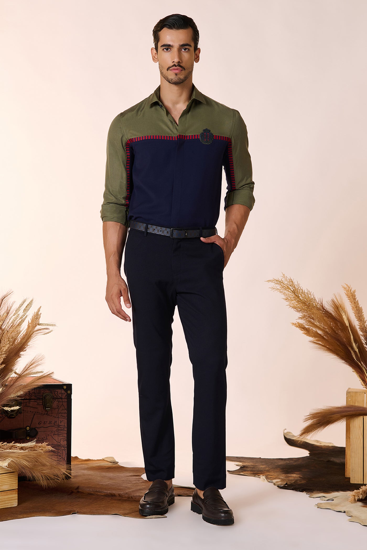 Shantanu & Nikhil Menswear Crest-Adorned Colour Block Shirt indian designer wear online shopping melange singapore