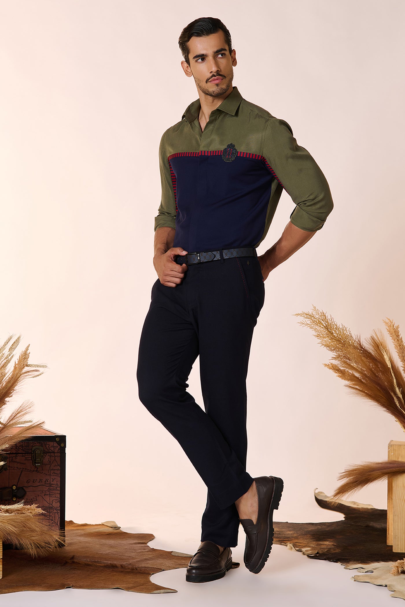 Shantanu & Nikhil Menswear Crest-Adorned Colour Block Shirt indian designer wear online shopping melange singapore