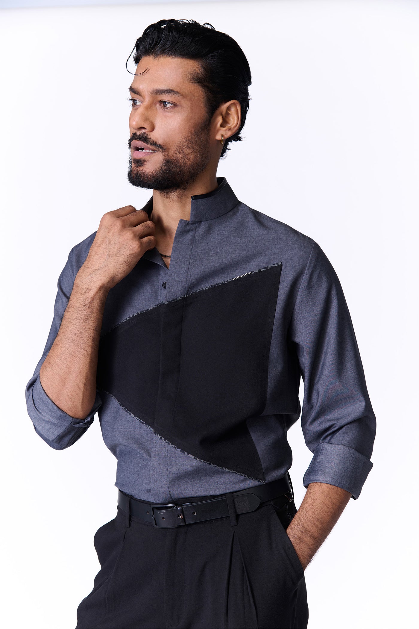 Shantanu & Nikhil Menswear Grey Colour-Block Shirt indian designer wear online shopping melange singapore