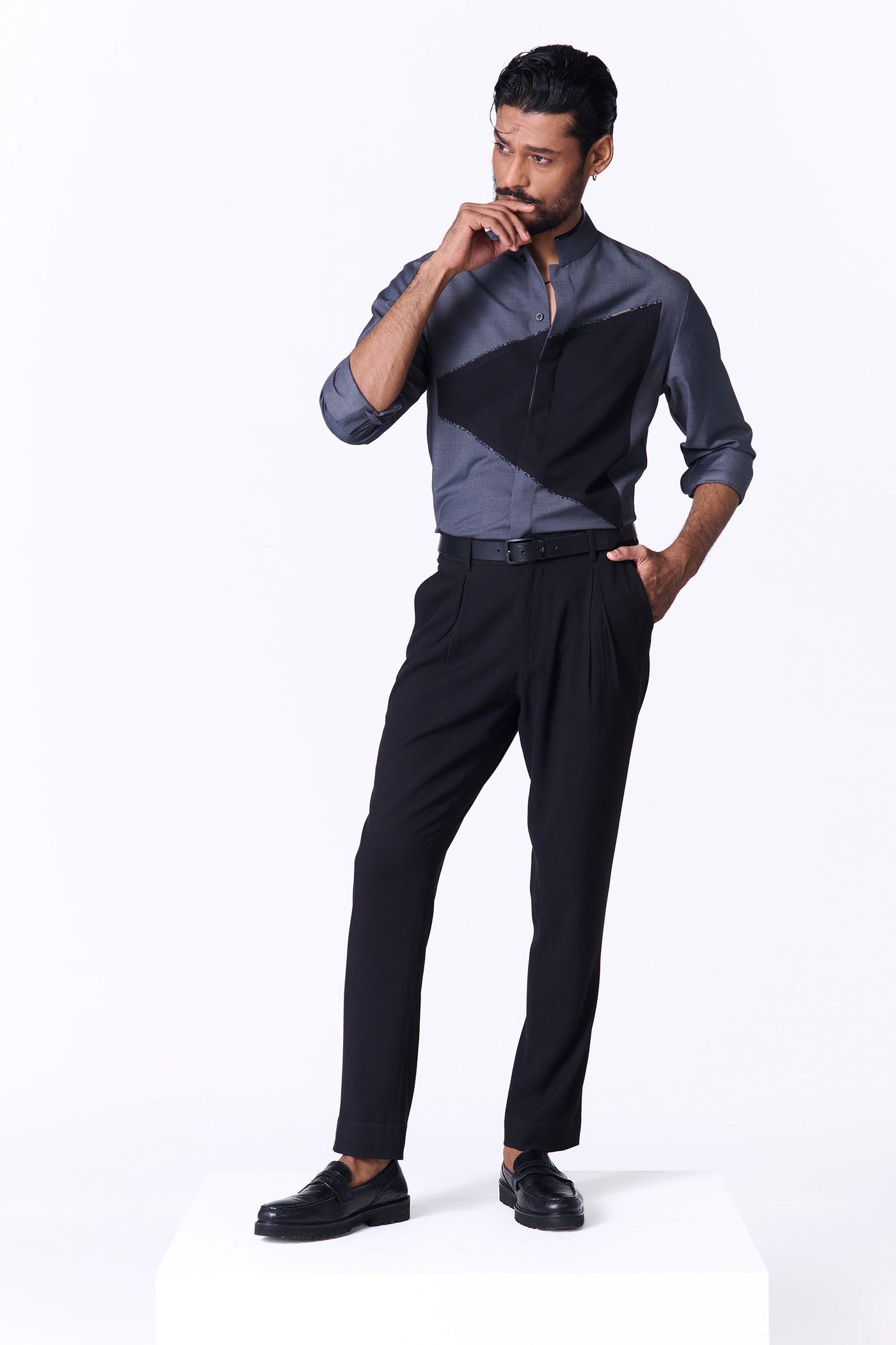 Shantanu & Nikhil Menswear Grey Colour-Block Shirt indian designer wear online shopping melange singapore