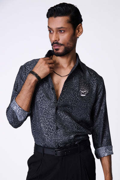 Shantanu & Nikhil Menswear Grey Leopard Print Shirt indian designer wear online shopping melange singapore