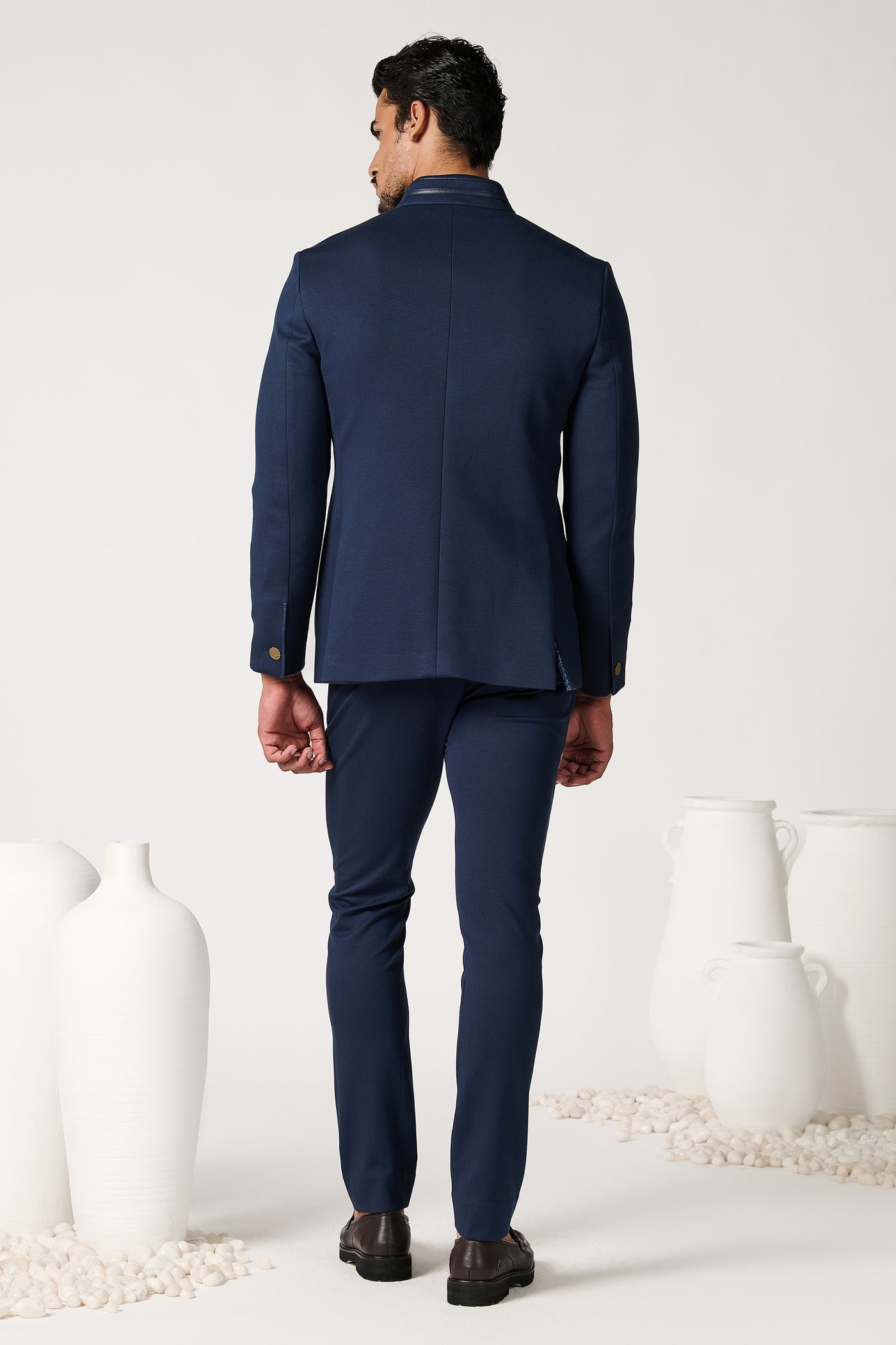 Shantanu & Nikhil Menswear Navy Bandhgala With Contrasting Crest indian designer wear online shopping melange singapore