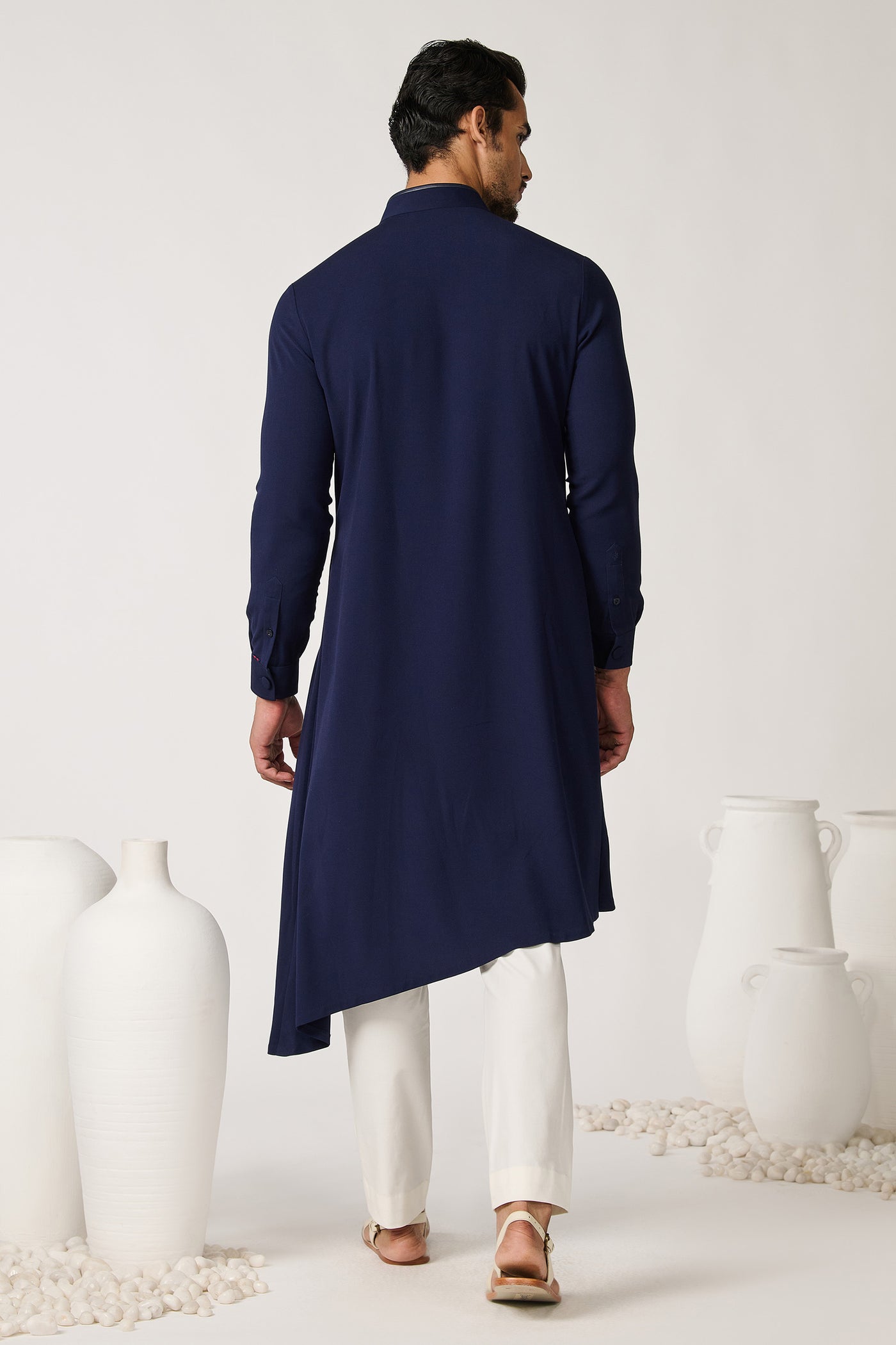 Shantanu & Nikhil Menswear Minimalistic Navy Asymmetric Kurta indian designer wear online shopping melange singapore