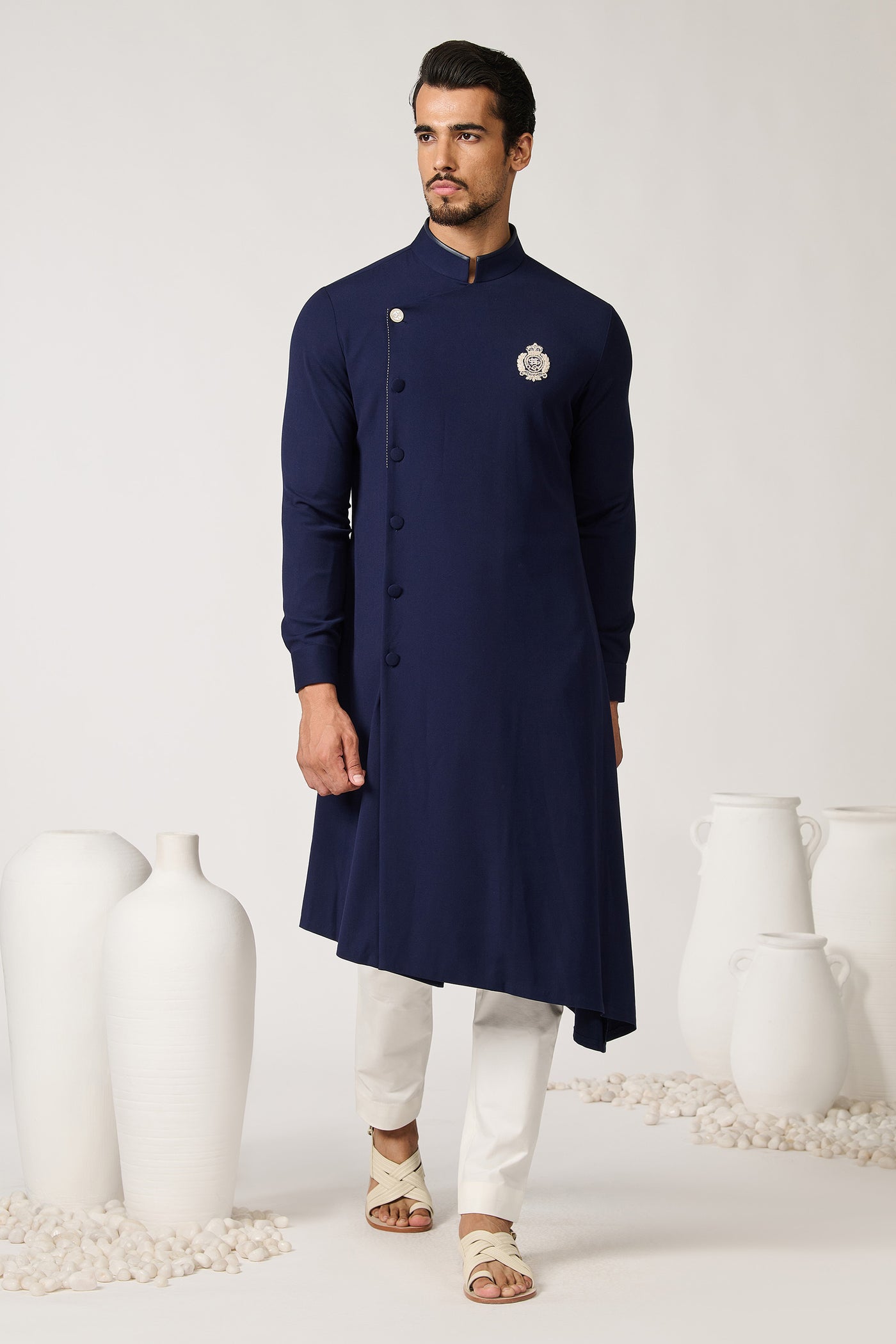 Shantanu & Nikhil Menswear Minimalistic Navy Asymmetric Kurta indian designer wear online shopping melange singapore