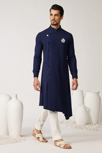 Shantanu & Nikhil Menswear Minimalistic Navy Asymmetric Kurta indian designer wear online shopping melange singapore