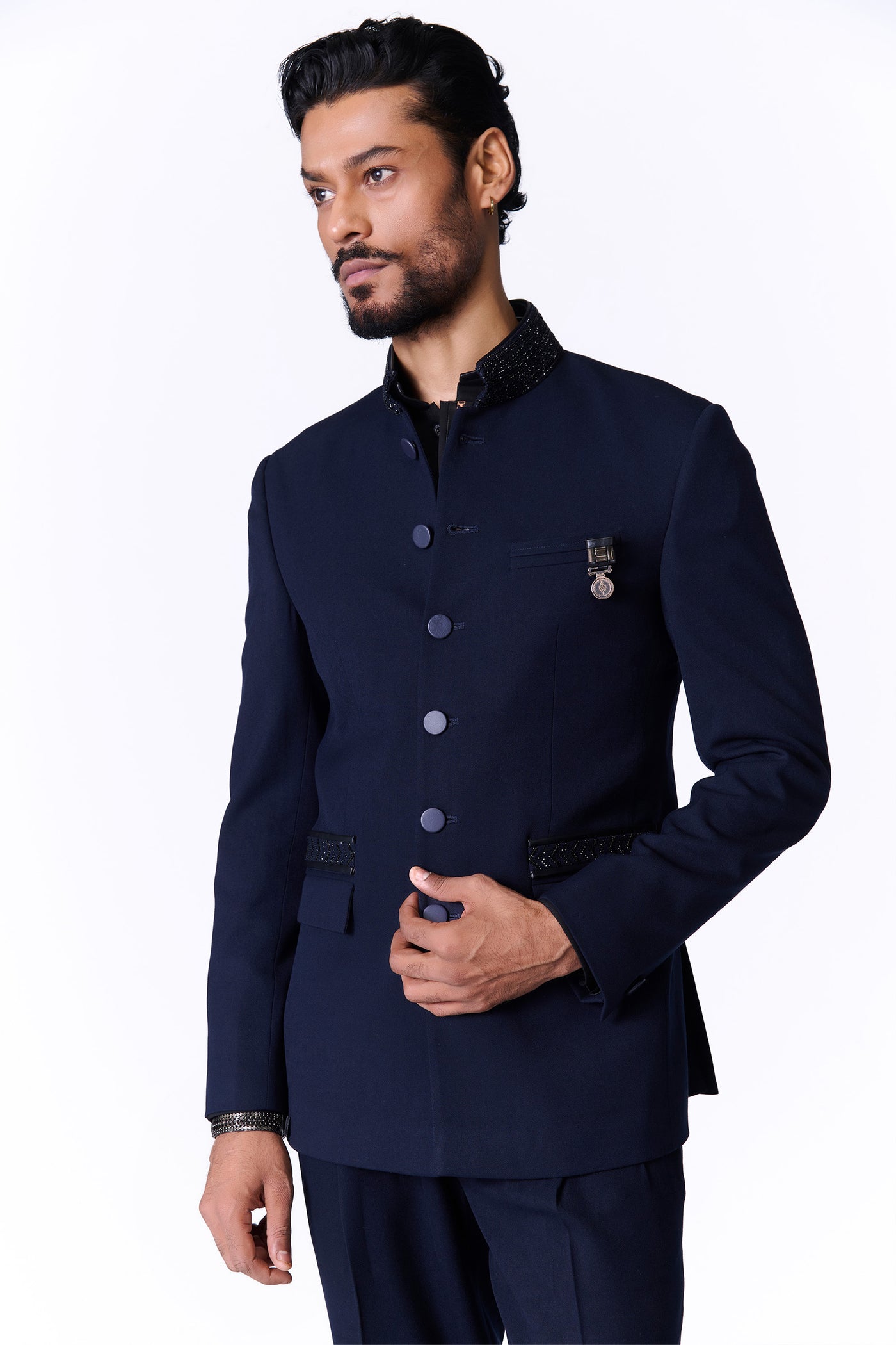 Shantanu & Nikhil Menswear Navy Bandhgala With Swarovski Detailing indian designer wear online shopping melange singapore