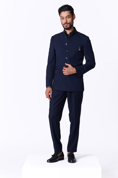 Shantanu & Nikhil Menswear Navy Bandhgala With Swarovski Detailing indian designer wear online shopping melange singapore