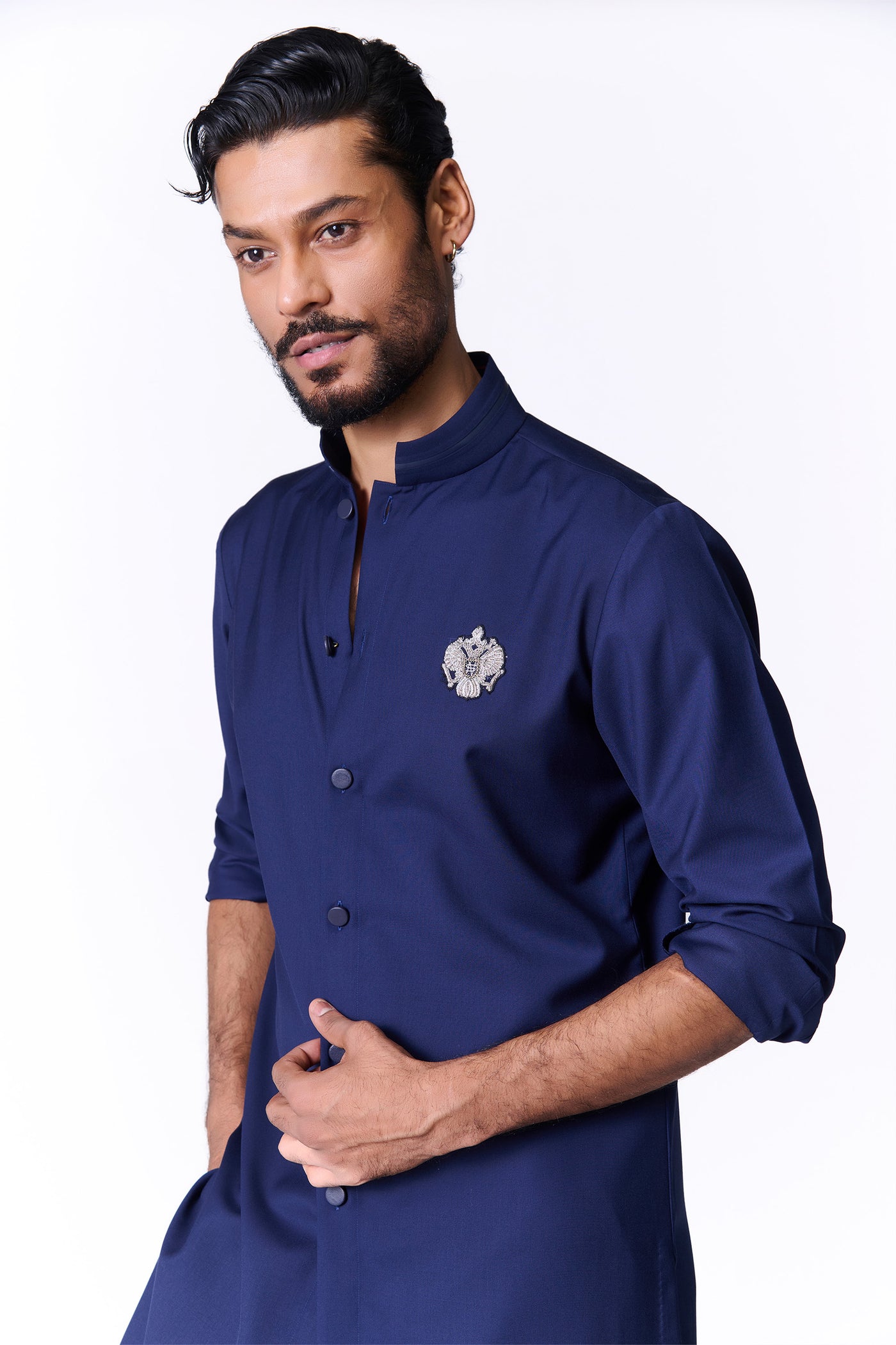 Shantanu & Nikhil Menswear Navy Crested Shirt Kurta indian designer wear online shopping melange singapore