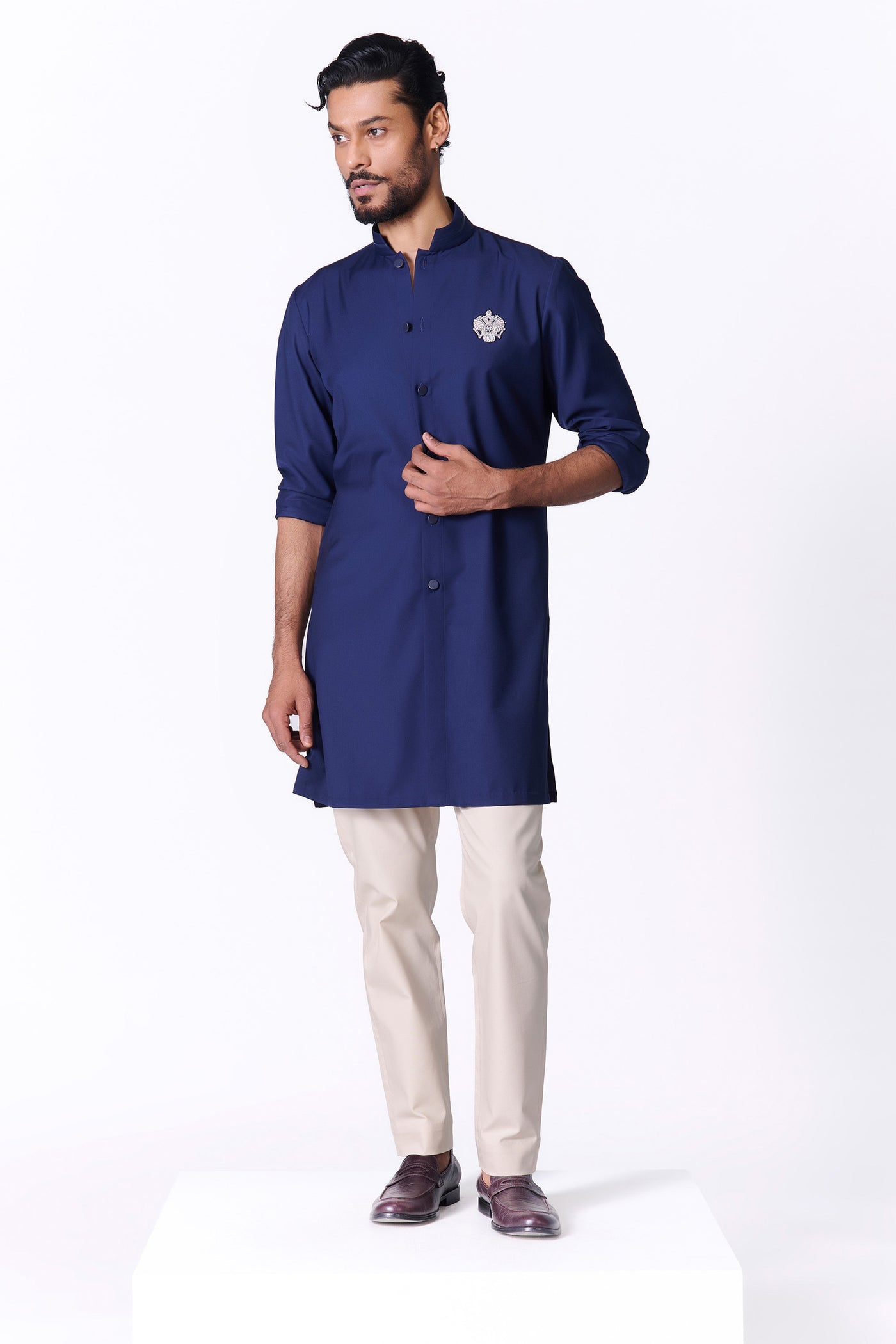 Shantanu & Nikhil Menswear Navy Crested Shirt Kurta indian designer wear online shopping melange singapore