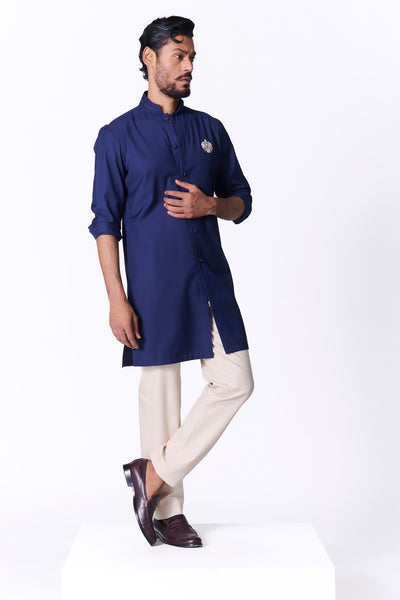 Shantanu & Nikhil Menswear Navy Crested Shirt Kurta indian designer wear online shopping melange singapore