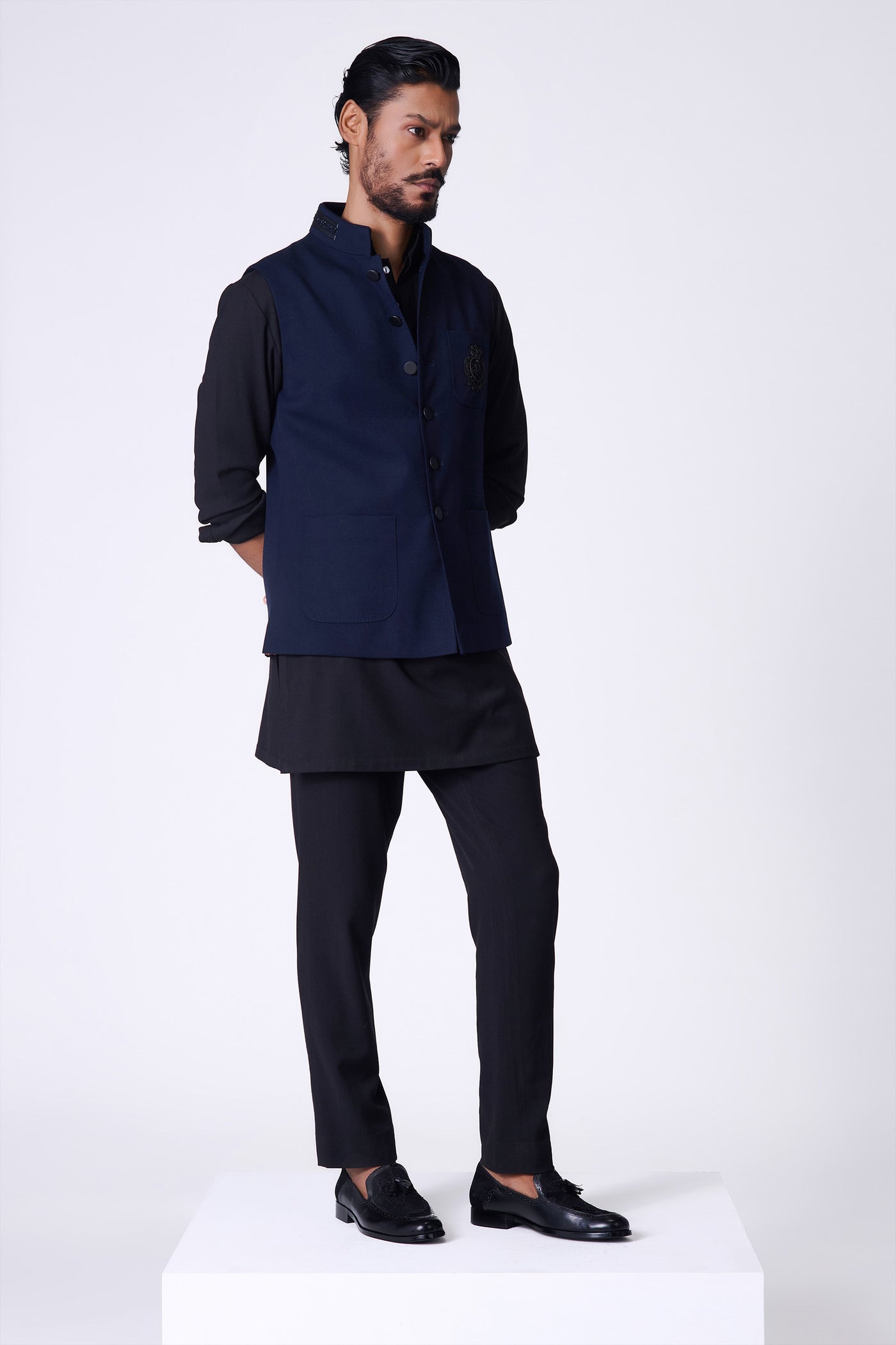 Shantanu & Nikhil Menswear Navy Crested Waistcoat indian designer wear online shopping melange singapore