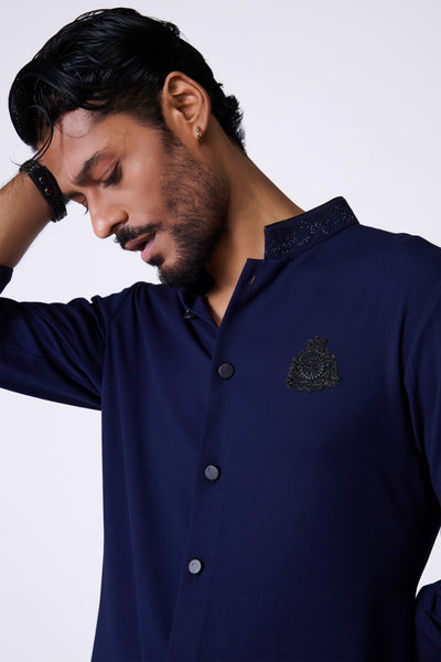 Shantanu & Nikhil Menswear Navy Embroidered Crest Shirt Kurta indian designer wear online shopping melange singapore