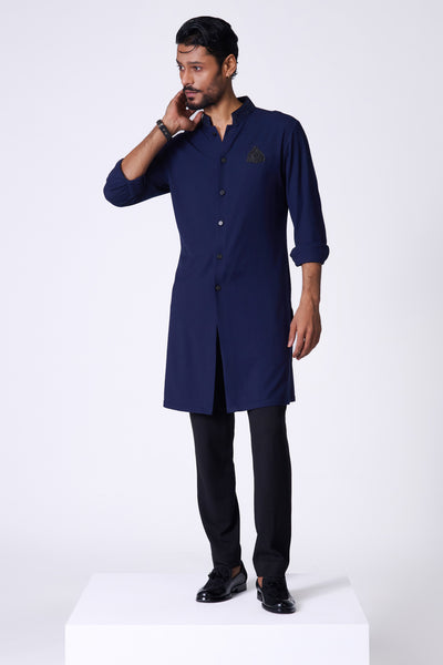 Shantanu & Nikhil Menswear Navy Embroidered Crest Shirt Kurta indian designer wear online shopping melange singapore