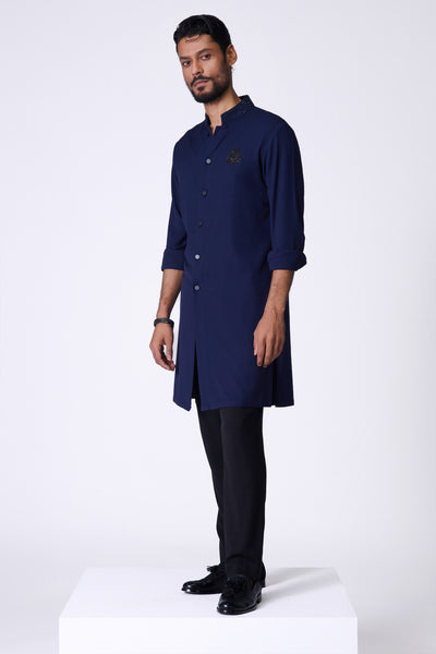 Shantanu & Nikhil Menswear Navy Embroidered Crest Shirt Kurta indian designer wear online shopping melange singapore