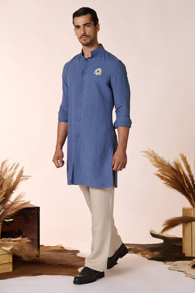 Shantanu And Nikhil Menswear Navy Linen Shirt Kurta indian designer wear online shopping melange singapore