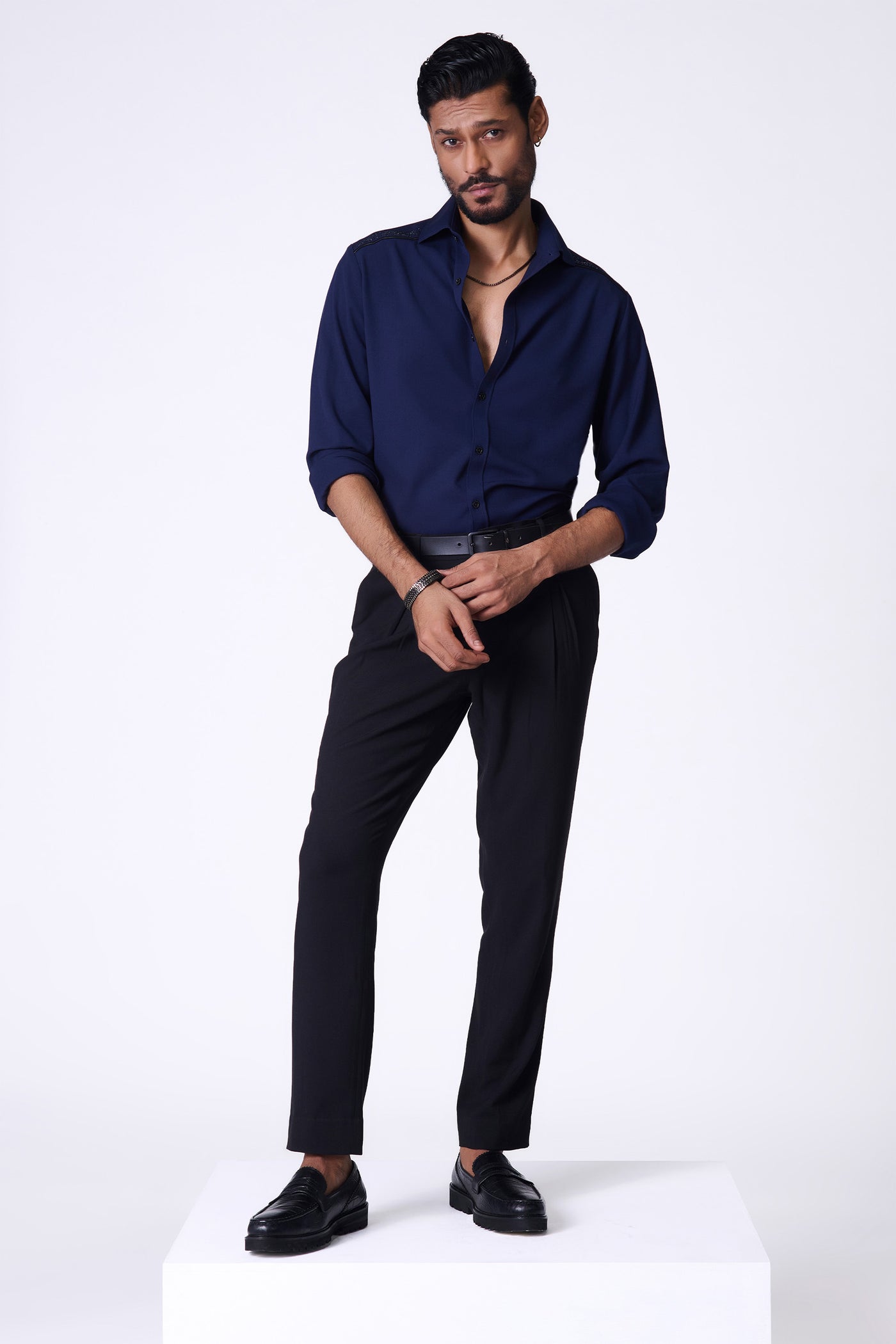 Shantanu & Nikhil Menswear Navy Shirt With Intricate Details indian designer wear online shopping melange singapore