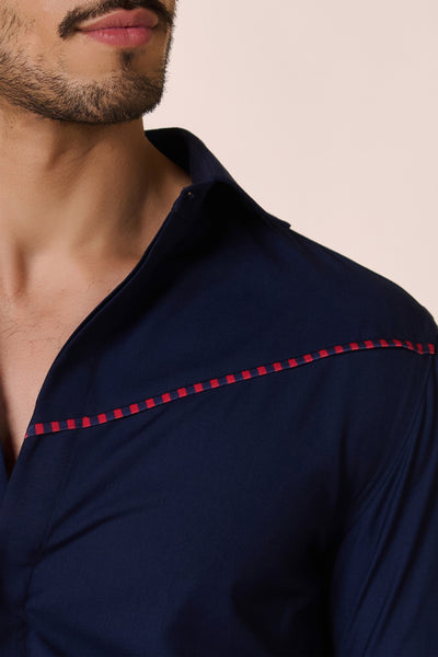 Shantanu & Nikhil Menswear Navy Shirt with Engraved Panel indian designer wear online shopping melange singapore