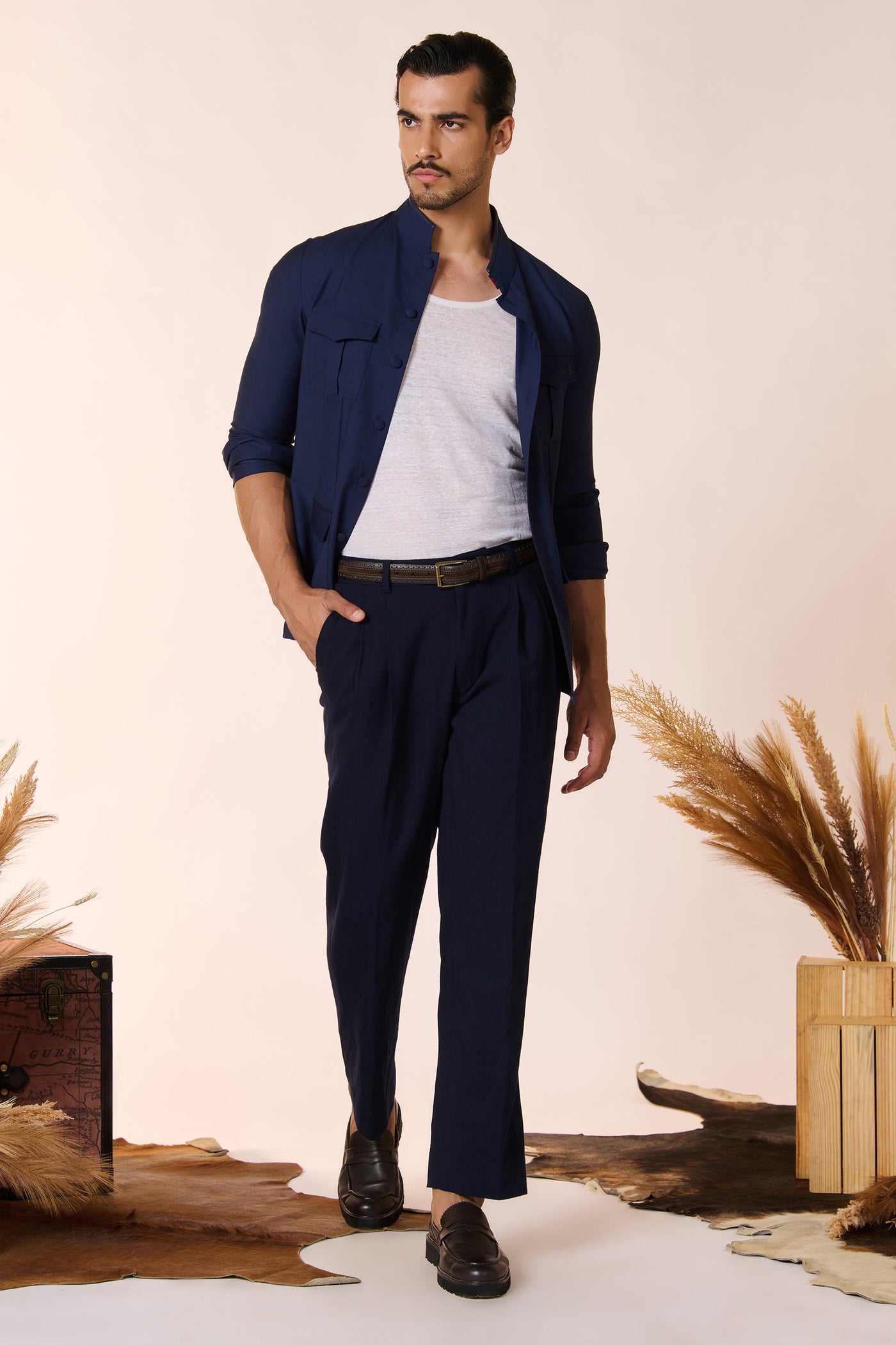 Shantanu & Nikhil Menswear Navy Utility Shirt indian designer wear online shopping melange singapore