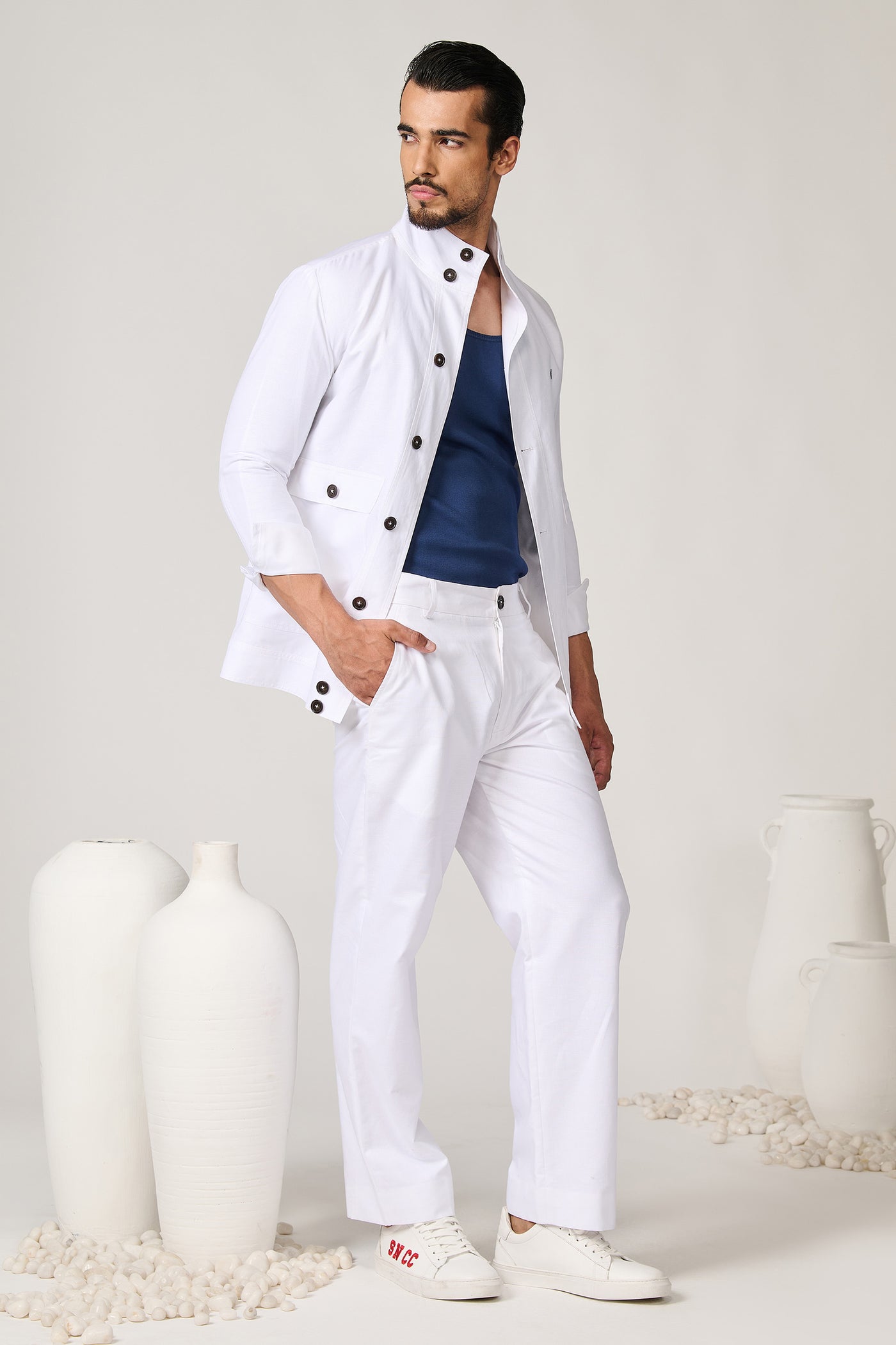 Shantanu & Nikhil Menswear Off White Linen Utility Shacket indian designer wear online shopping melange singapore
