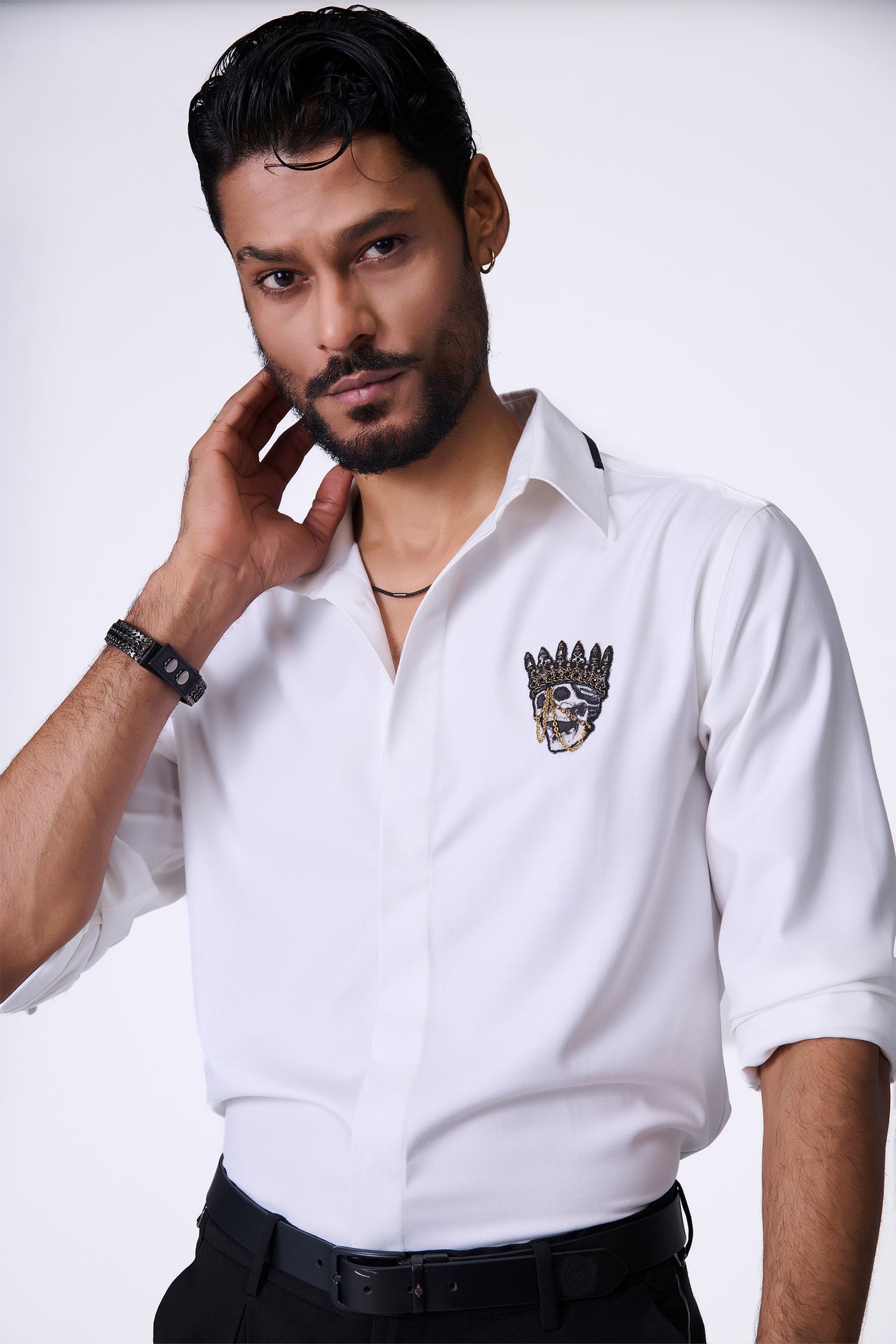 Shantanu & Nikhil Menswear Off White Shirt with Embroidered Skull Crest indian designer wear online shopping melange singapore