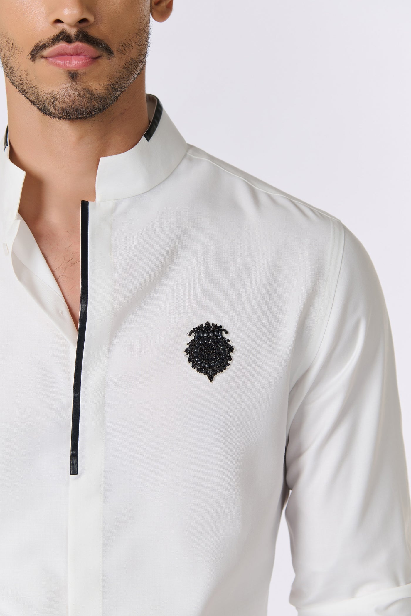 Shantanu & Nikhil Menswear Off White Shirt With Faux Leather Detailing indian designer wear online shopping melange singapore