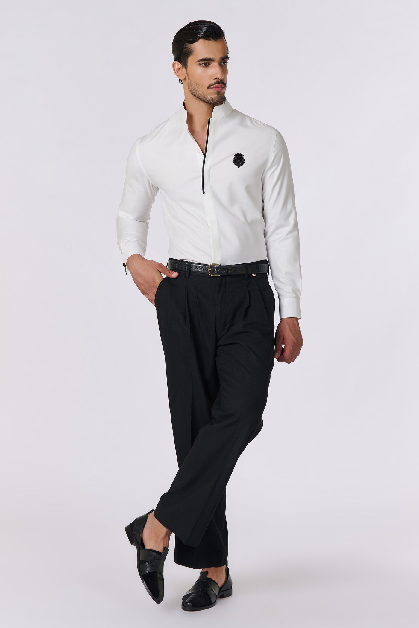 Shantanu & Nikhil Menswear Off White Shirt With Faux Leather Detailing indian designer wear online shopping melange singapore