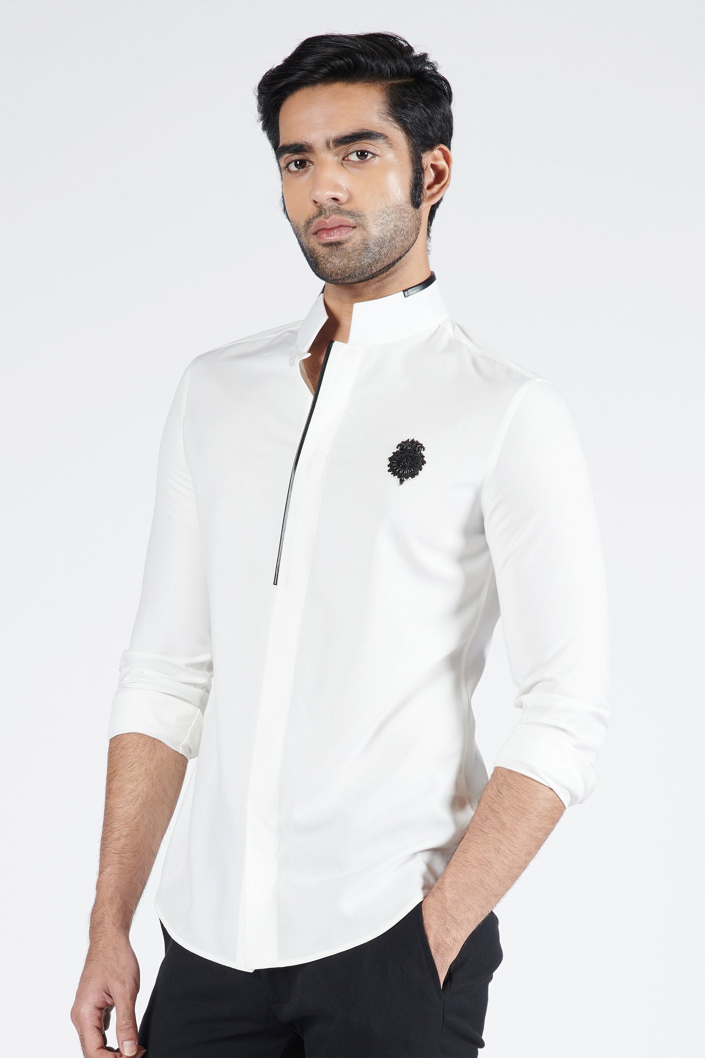 Shantanu & Nikhil Menswear Off White Shirt with Faux Leather Detailing indian designer wear online shopping melange singapore