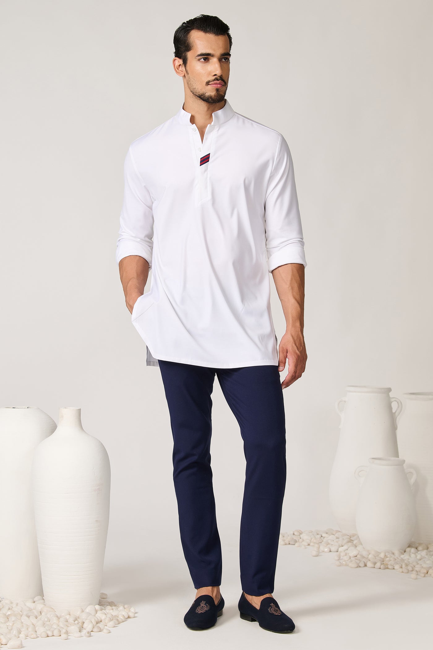 Shantanu & Nikhil Menswear Off White Tape-detail Classic Kurta indian designer wear online shopping melange singapore