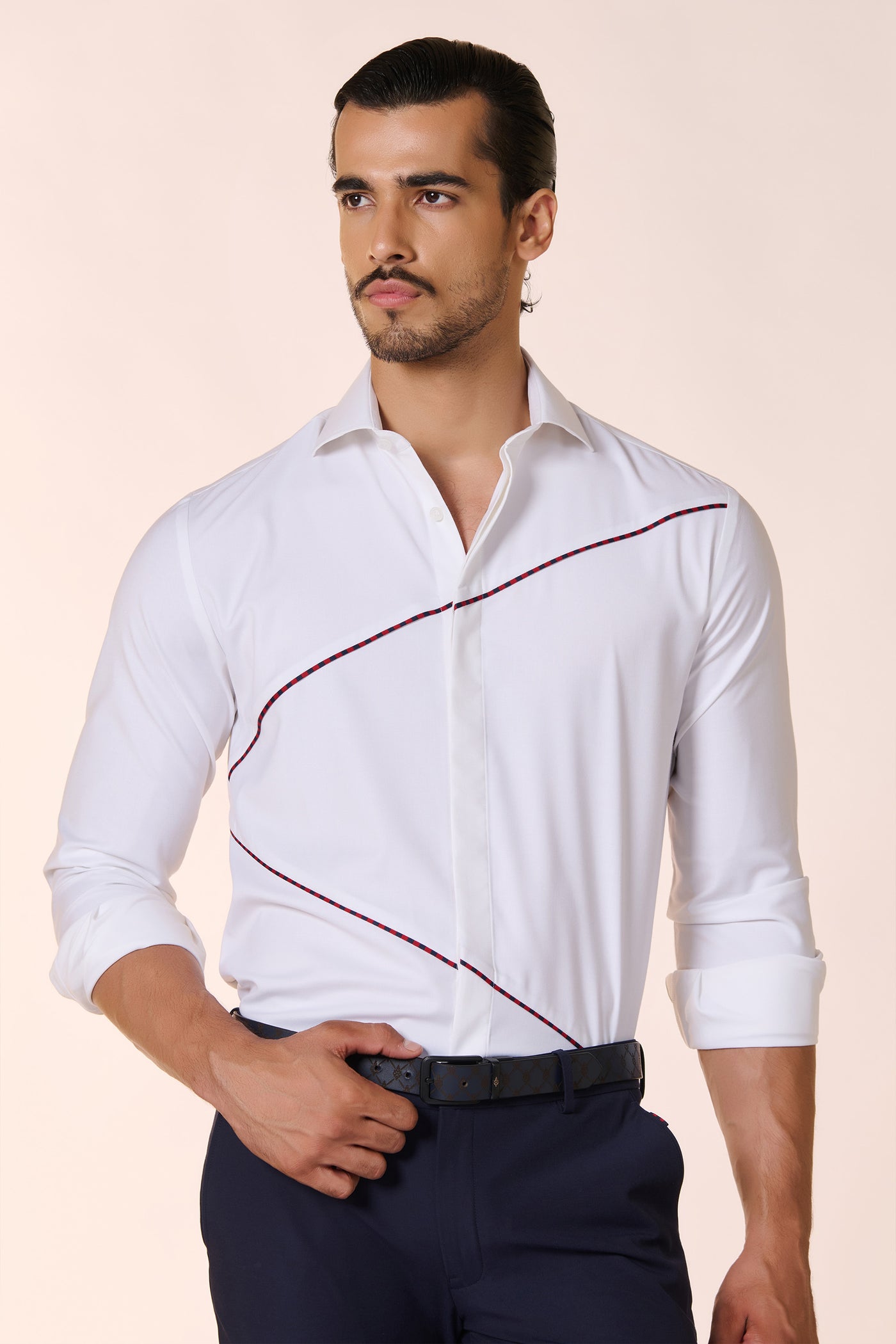 Shantanu & Nikhil Menswear Off White Shirt With Engraved Panel indian designer wear online shopping melange singapore