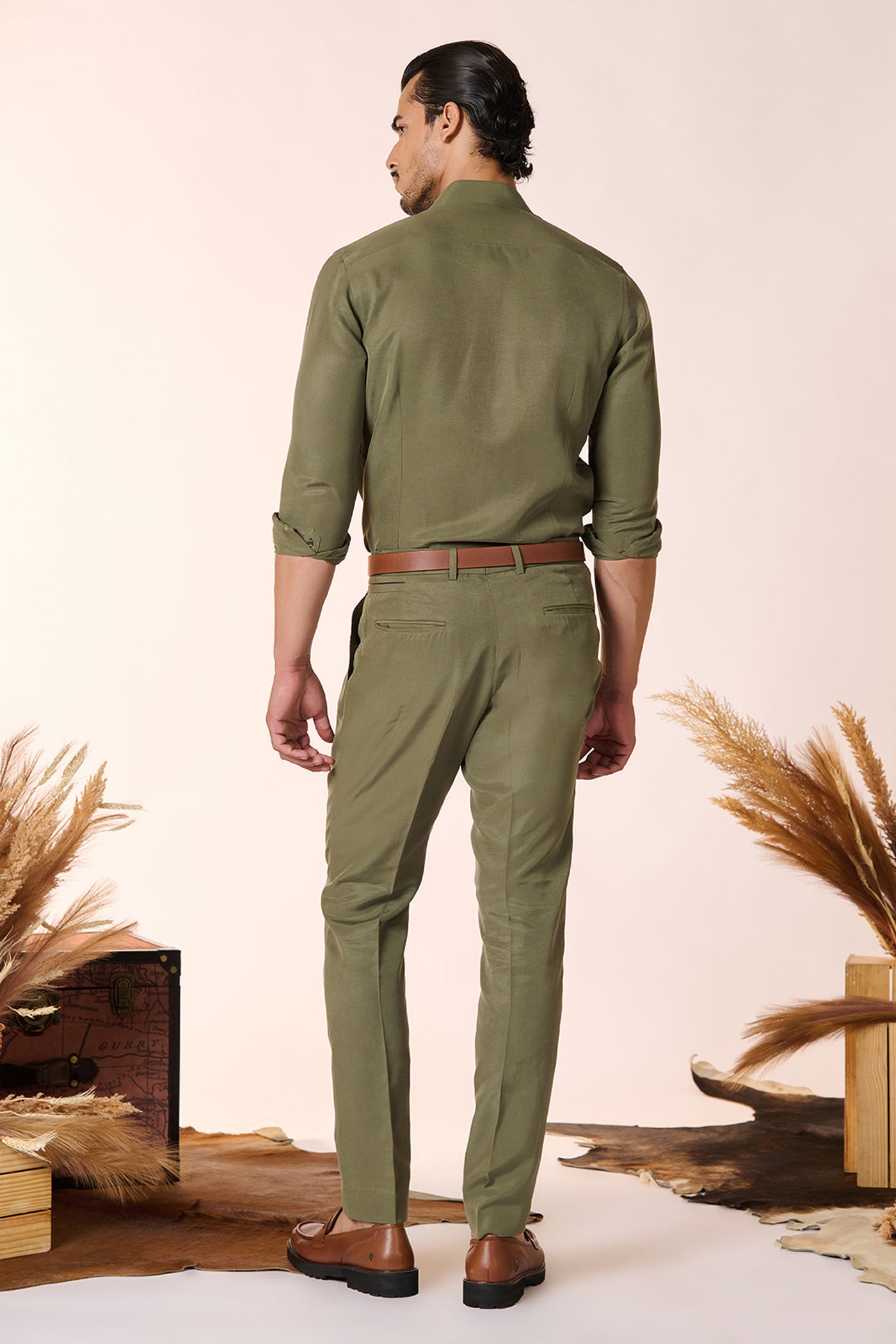 Shantanu & Nikhil Menswear Olive Band Collar Shirt indian designer wear online shopping melange singapore