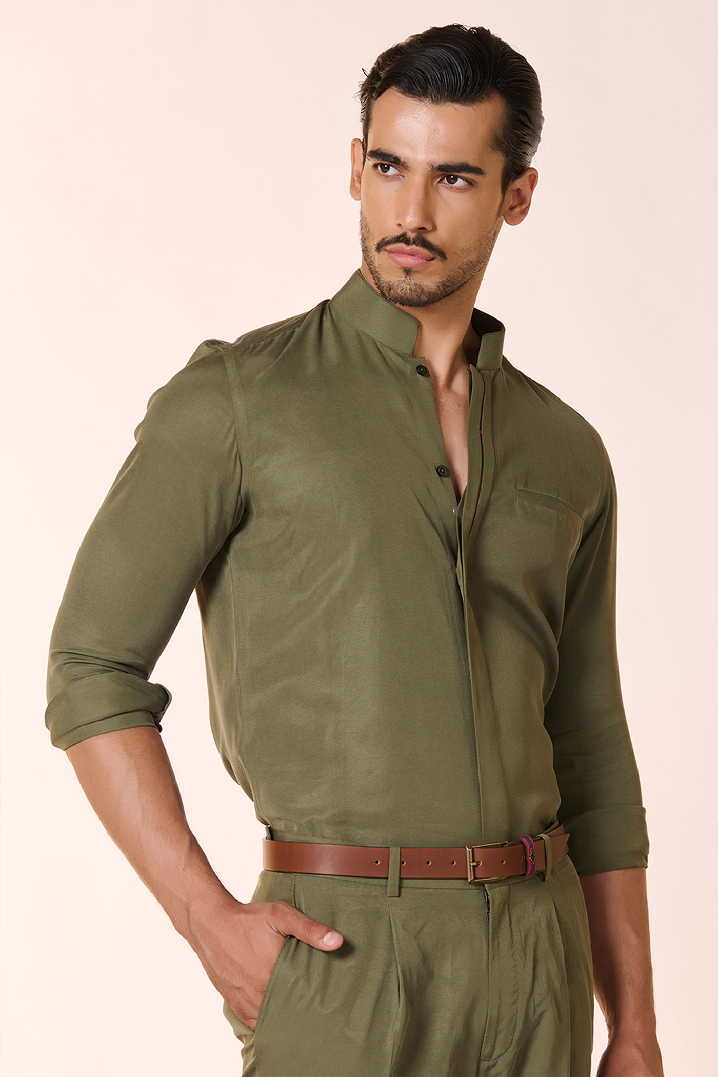 Shantanu & Nikhil Menswear Olive Band Collar Shirt indian designer wear online shopping melange singapore