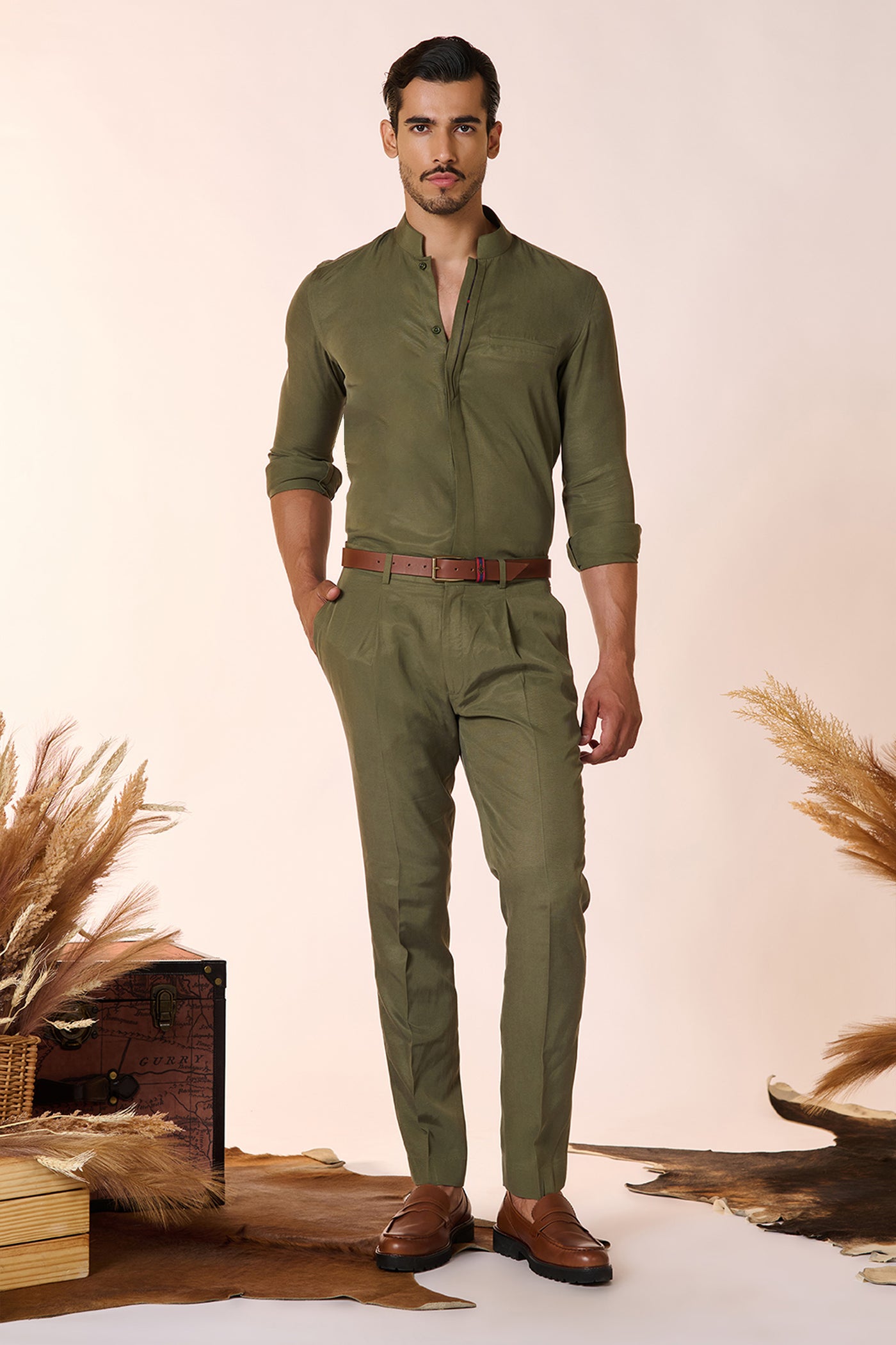 Shantanu & Nikhil Menswear Olive Band Collar Shirt indian designer wear online shopping melange singapore