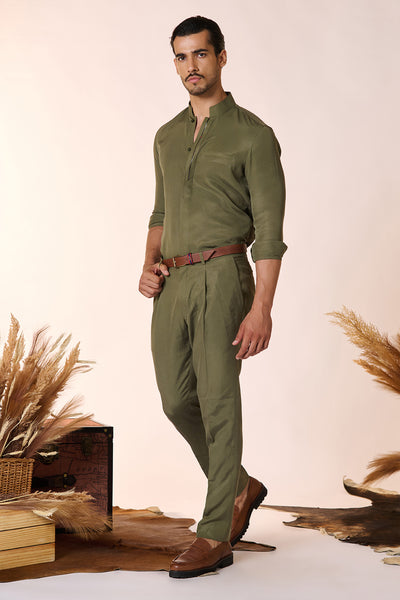 Shantanu & Nikhil Menswear Olive Band Collar Shirt indian designer wear online shopping melange singapore