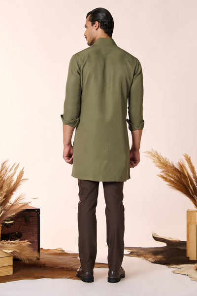 Shantanu And Nikhil Menswear Olive Crested Shirt Kurta indian designer wear online shopping melange singapore