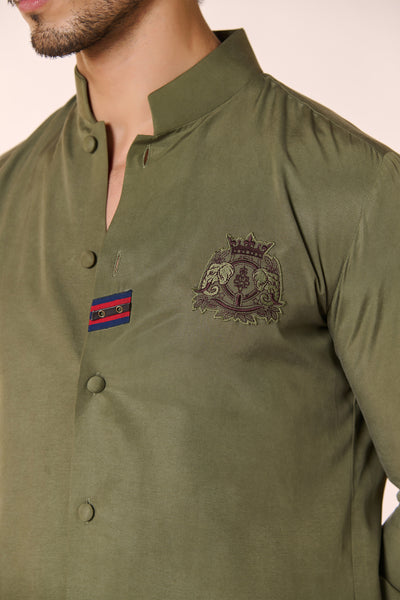 Shantanu And Nikhil Menswear Olive Crested Shirt Kurta indian designer wear online shopping melange singapore