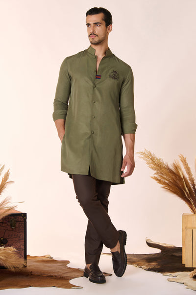 Shantanu And Nikhil Menswear Olive Crested Shirt Kurta indian designer wear online shopping melange singapore