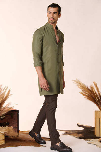 Shantanu And Nikhil Menswear Olive Crested Shirt Kurta indian designer wear online shopping melange singapore