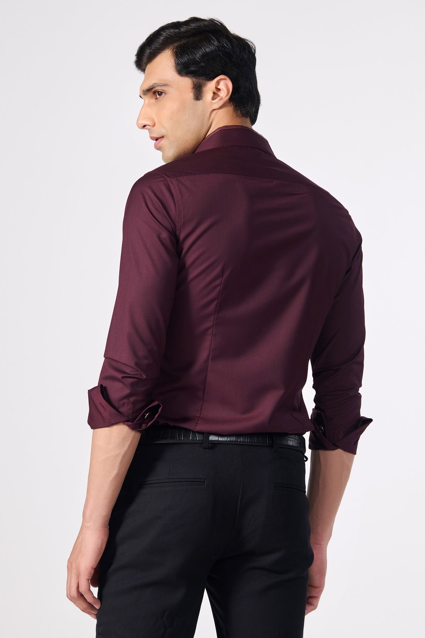 Shantanu & Nikhil Menswear Plum Shirt with Vegan Leather Details indian designer wear online shopping melange singapore