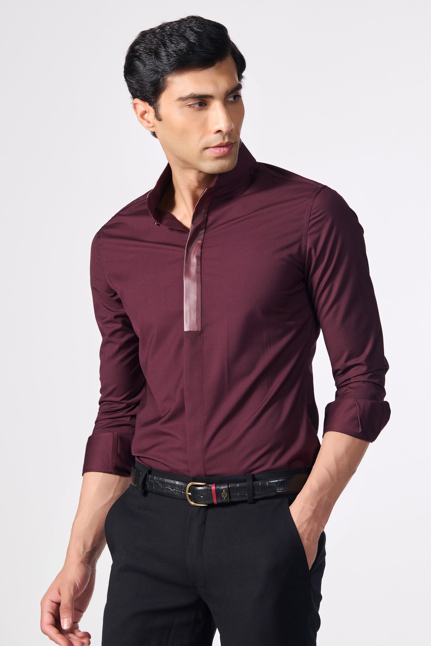 Shantanu & Nikhil Menswear Plum Shirt with Vegan Leather Details indian designer wear online shopping melange singapore